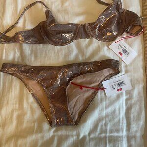 NWT Small Solid and Striped Eva Gold Metallic Bikini (Color: Treasure)